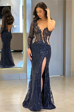 Sexy Black Lace One Shoulder Long Sleeve Sparkle Mermaid Side Slit Evening Dress