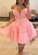 Off the Shoulder Waistband Bowknot Ruched A-Line Short Homecoming Dresses