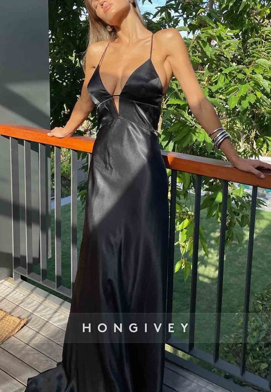 Hot Low V-Neck Spaghetti Straps Black Long Party Dress with Crisscross Back