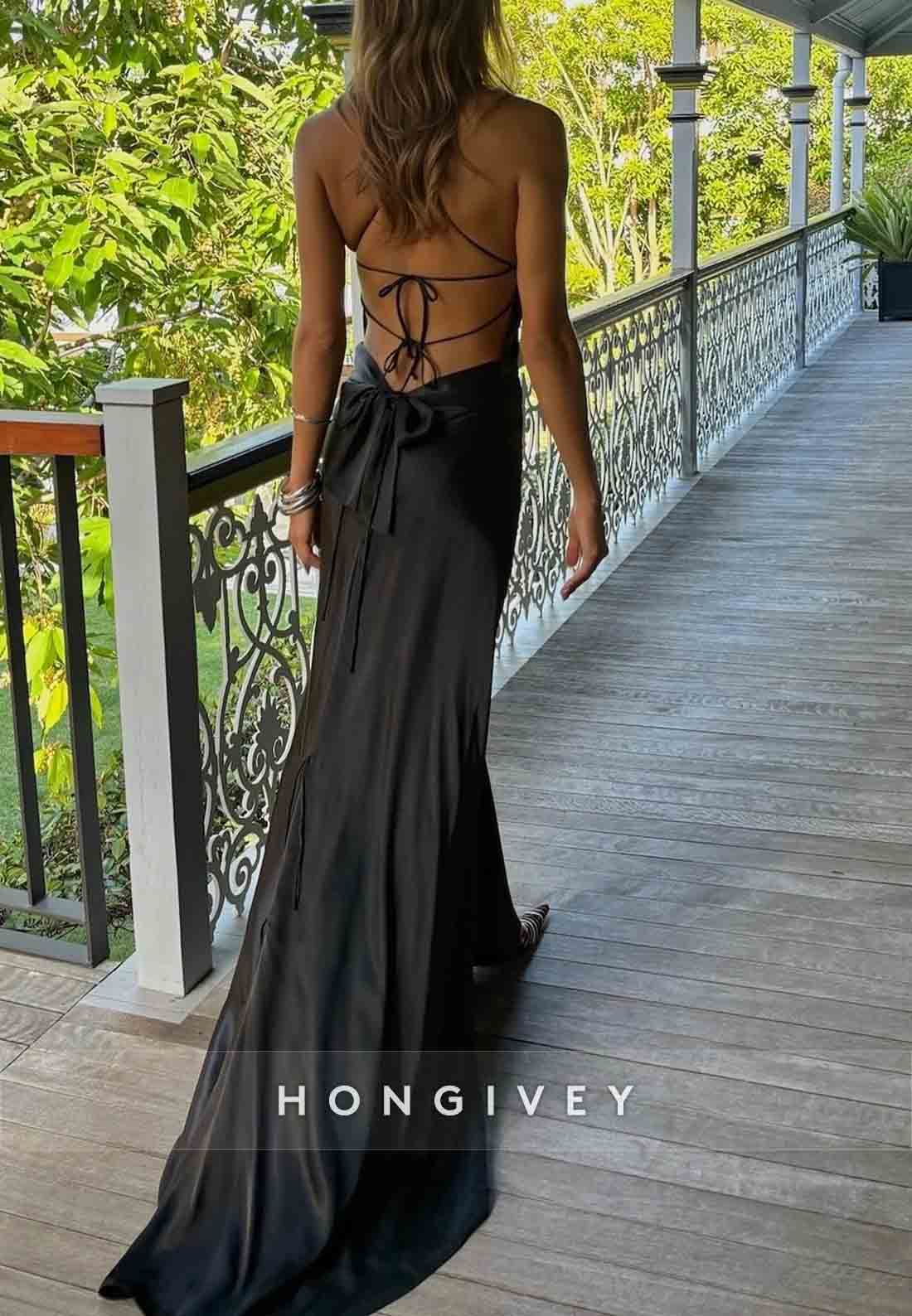 Hot Low V-Neck Spaghetti Straps Black Long Party Dress with Crisscross Back