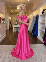 Hot Pink Sweetheart Neckline Satin Prom Dress with Statement Bow Sleeves