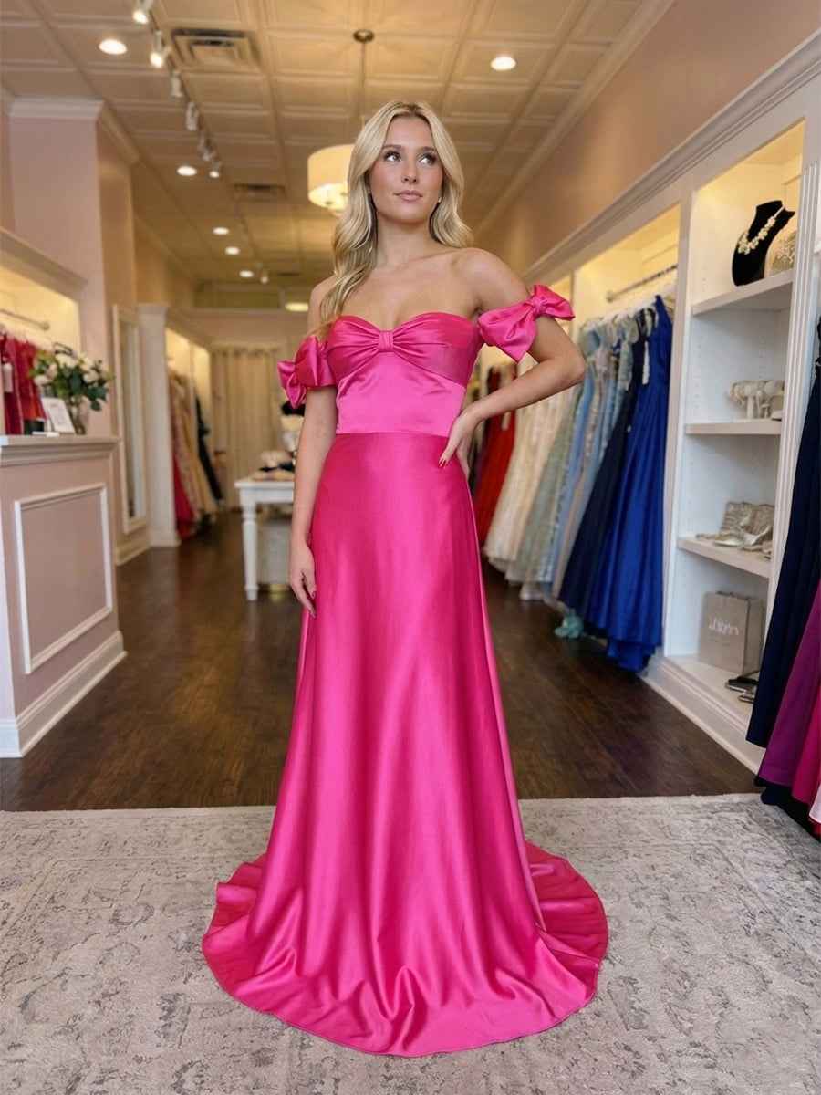 Hot Pink Sweetheart Neckline Satin Prom Dress with Statement Bow Sleeves