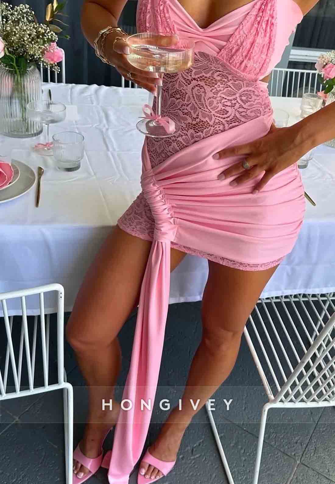 Hot Sheath Halter Mini Homecoming Dress Pink Lace Side Draping Party Dress