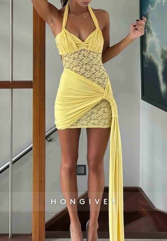 Hot Sheath Halter Mini Homecoming Dress Pink Lace Side Draping Party Dress