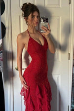Hot Sheath Spaghetti Straps Red Long Prom Dress with Pearls Ruffles