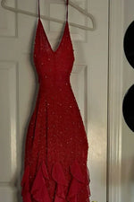 Hot Sheath Spaghetti Straps Red Long Prom Dress with Pearls Ruffles
