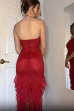 Hot Sheath Spaghetti Straps Red Long Prom Dress with Pearls Ruffles