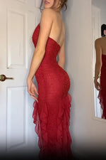 Hot Sheath Spaghetti Straps Red Long Prom Dress with Pearls Ruffles