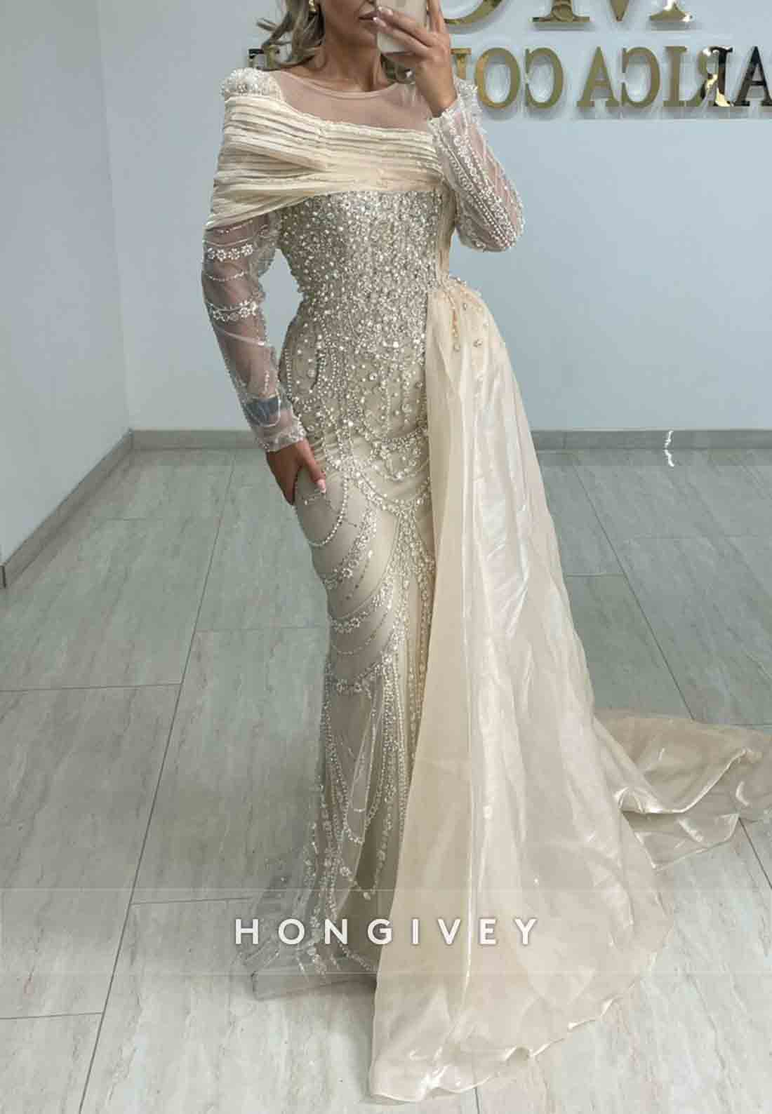 Side Draping Shawl Long Sleeves Beading Floor-Length Mermaid Evening Gowns