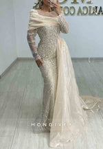 Side Draping Shawl Long Sleeves Beading Floor-Length Mermaid Evening Gowns