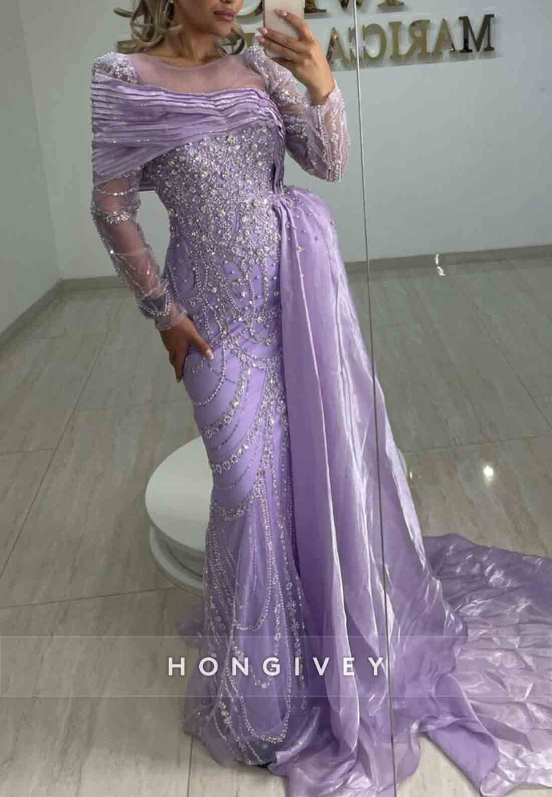 Side Draping Shawl Long Sleeves Beading Floor-Length Mermaid Evening Gowns