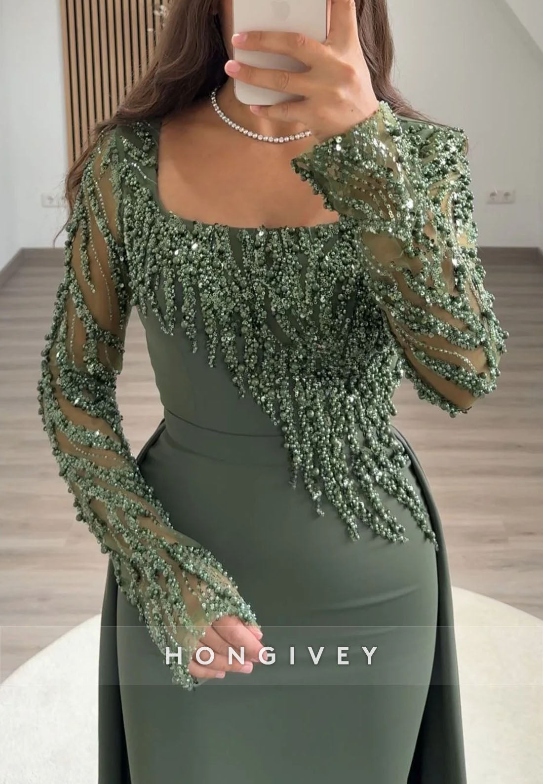 Column Square Neck Long Sleeves Detachable Evening Gown with Beading