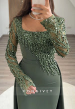 Column Square Neck Long Sleeves Detachable Evening Gown with Beading