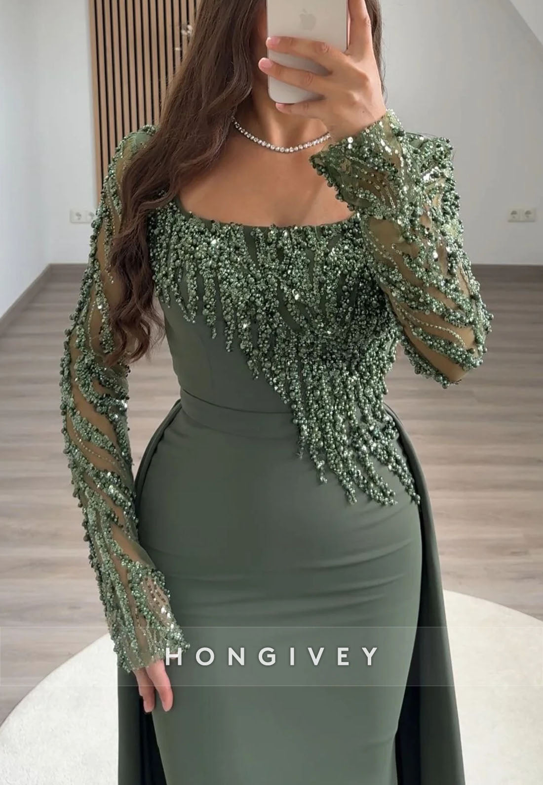 Column Square Neck Long Sleeves Detachable Evening Gown with Beading