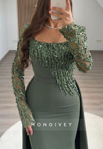 Column Square Neck Long Sleeves Detachable Evening Gown with Beading