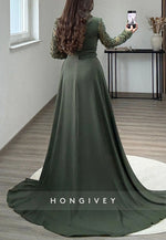 Column Square Neck Long Sleeves Detachable Evening Gown with Beading
