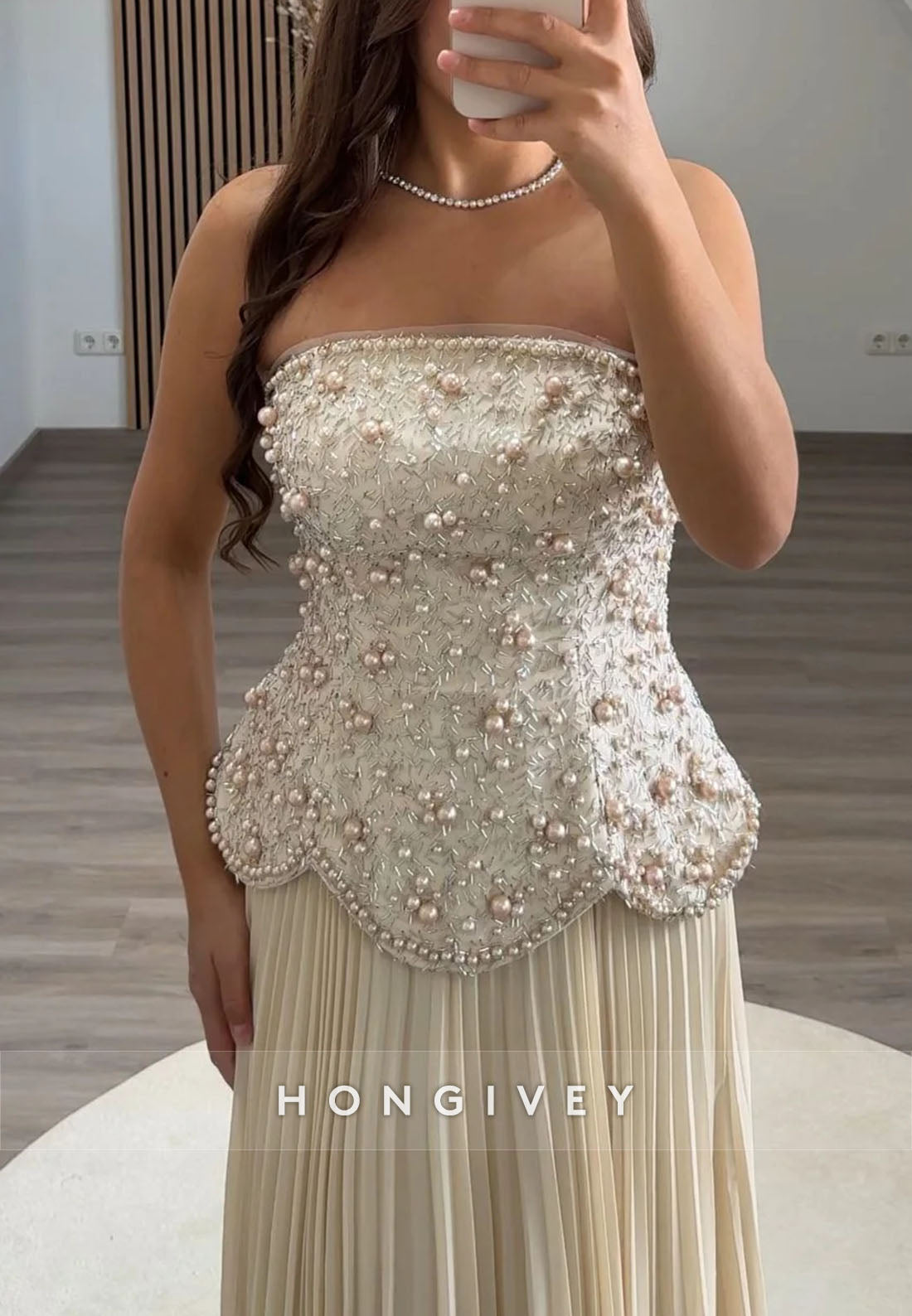 Strapless A-Line Floor-Length Evening Gowns with Beaded Corset and Ruffles