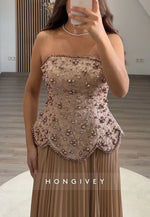 Strapless A-Line Floor-Length Evening Gowns with Beaded Corset and Ruffles