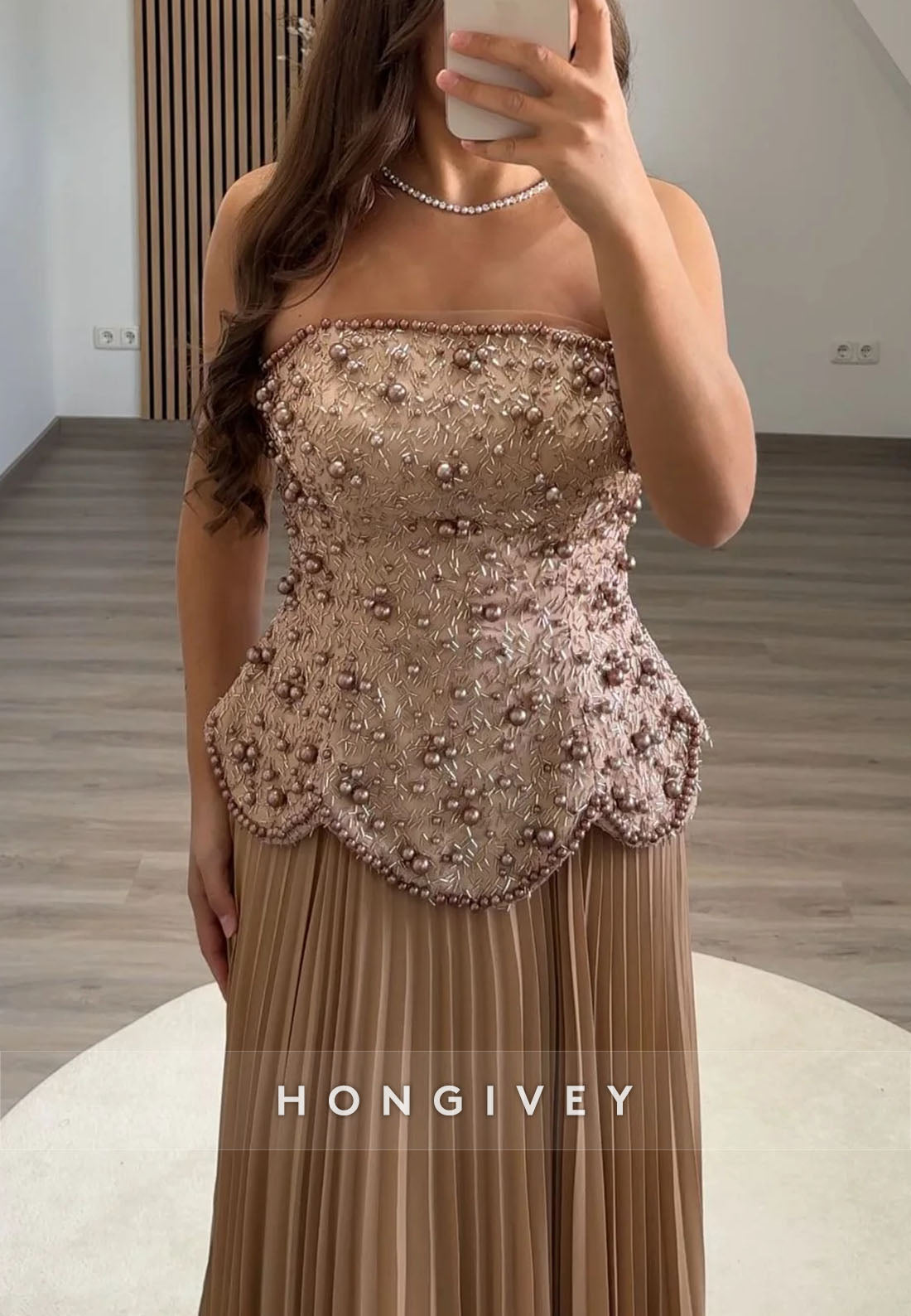 Strapless A-Line Floor-Length Evening Gowns with Beaded Corset and Ruffles