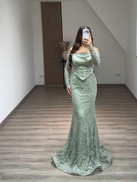 Elegant Floor-Length Off the Shoulder Trumpet Evening Gowns with Corset