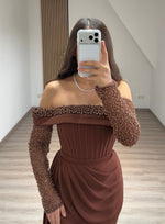 Floor-Length Long Sleeve Pleated Beaded Off the Shoulder Evening Gowns