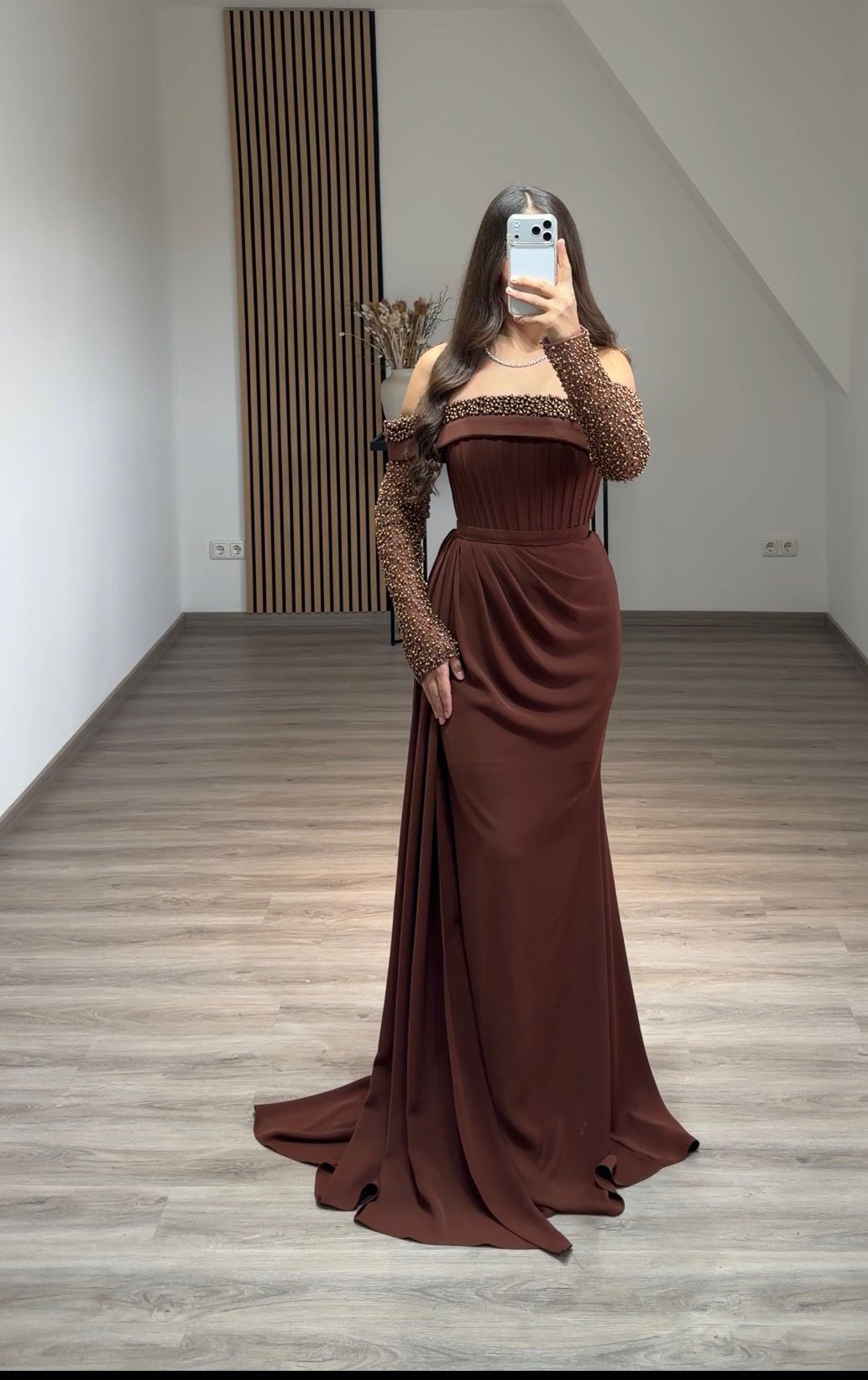 Floor-Length Long Sleeve Pleated Beaded Off the Shoulder Evening Gowns