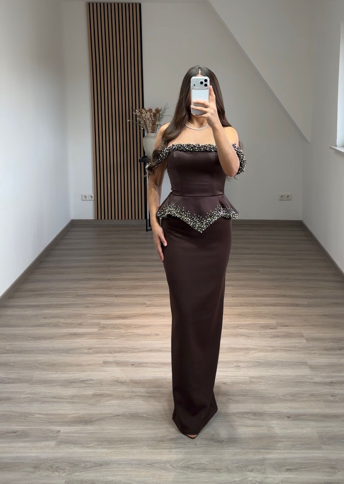 Brown Sheath Off the Shoulder Corset Floor-Length Evening Gowns