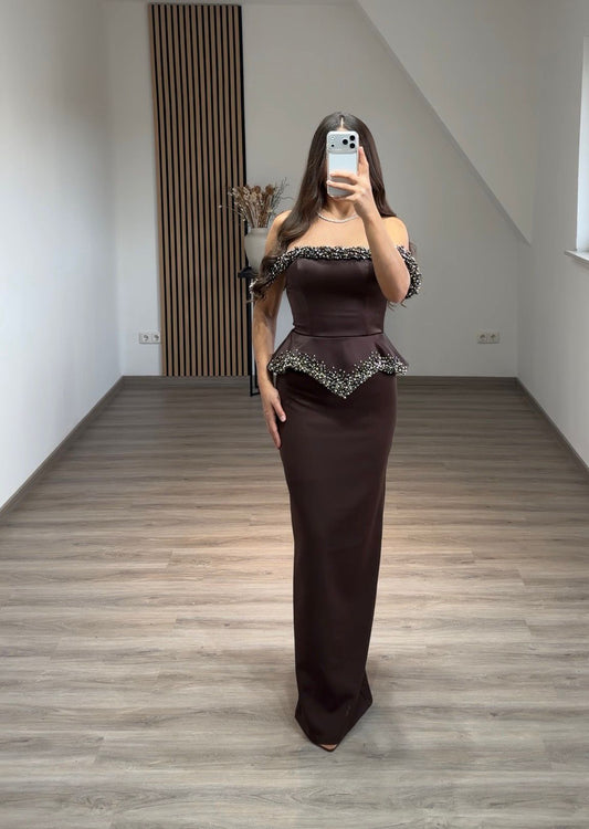 Brown Sheath Off the Shoulder Corset Floor-Length Evening Gowns