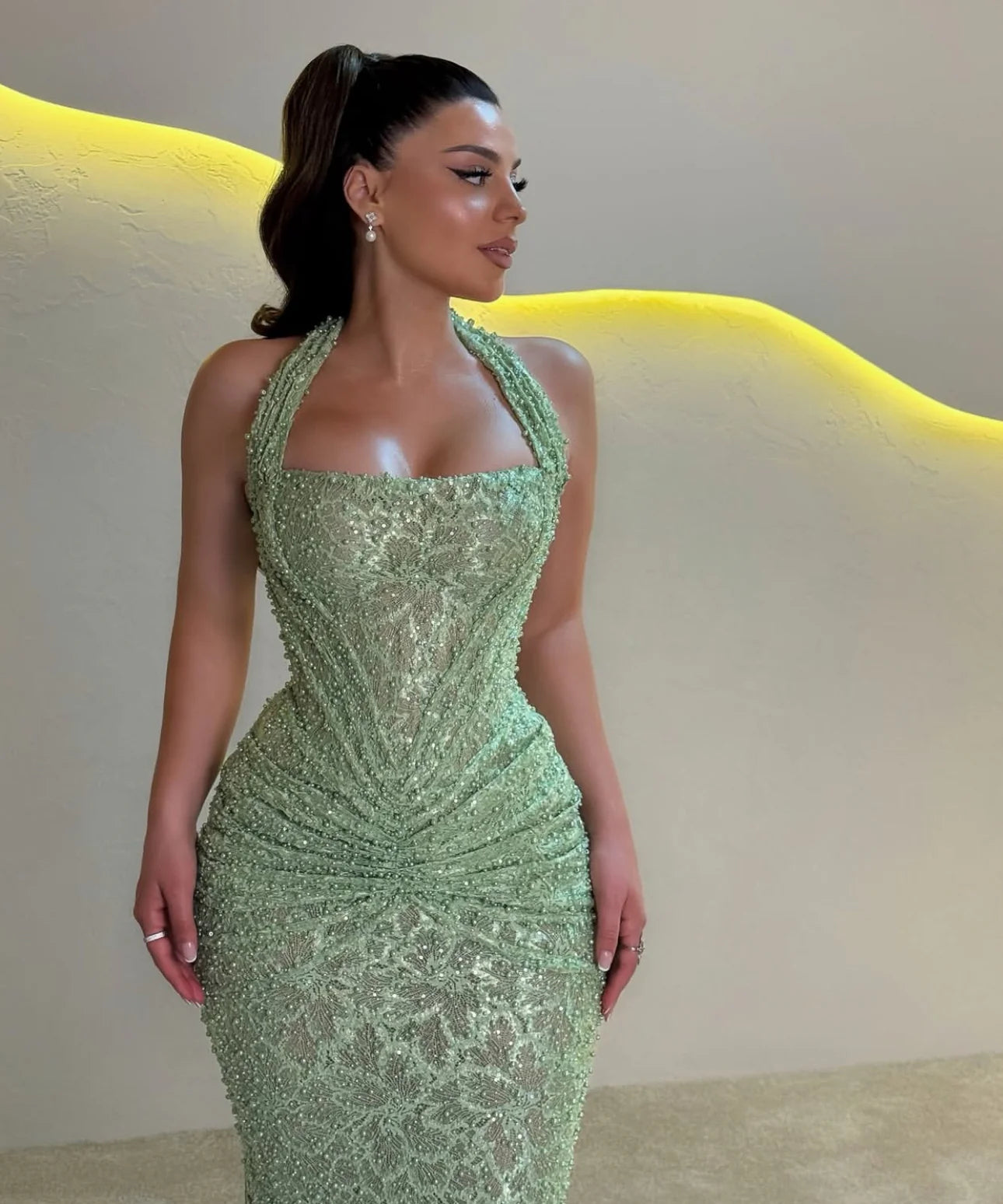 Green Halter Sleeveless Sequins Sparkle Mermaid Women Evening Dress