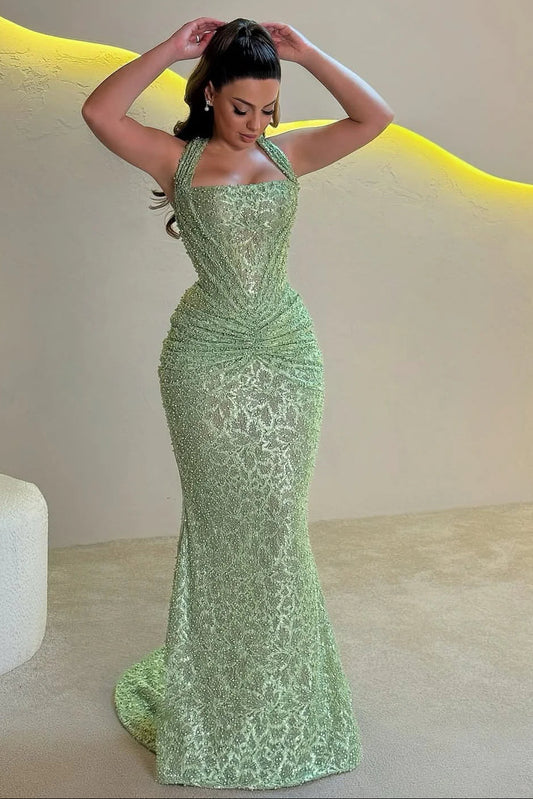 Green Halter Sleeveless Sequins Sparkle Mermaid Women Evening Dress