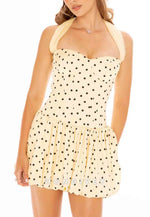 Yellow Halter Neck Spotted Ruched Sweetheart A-Line Mini Homecoming Dress