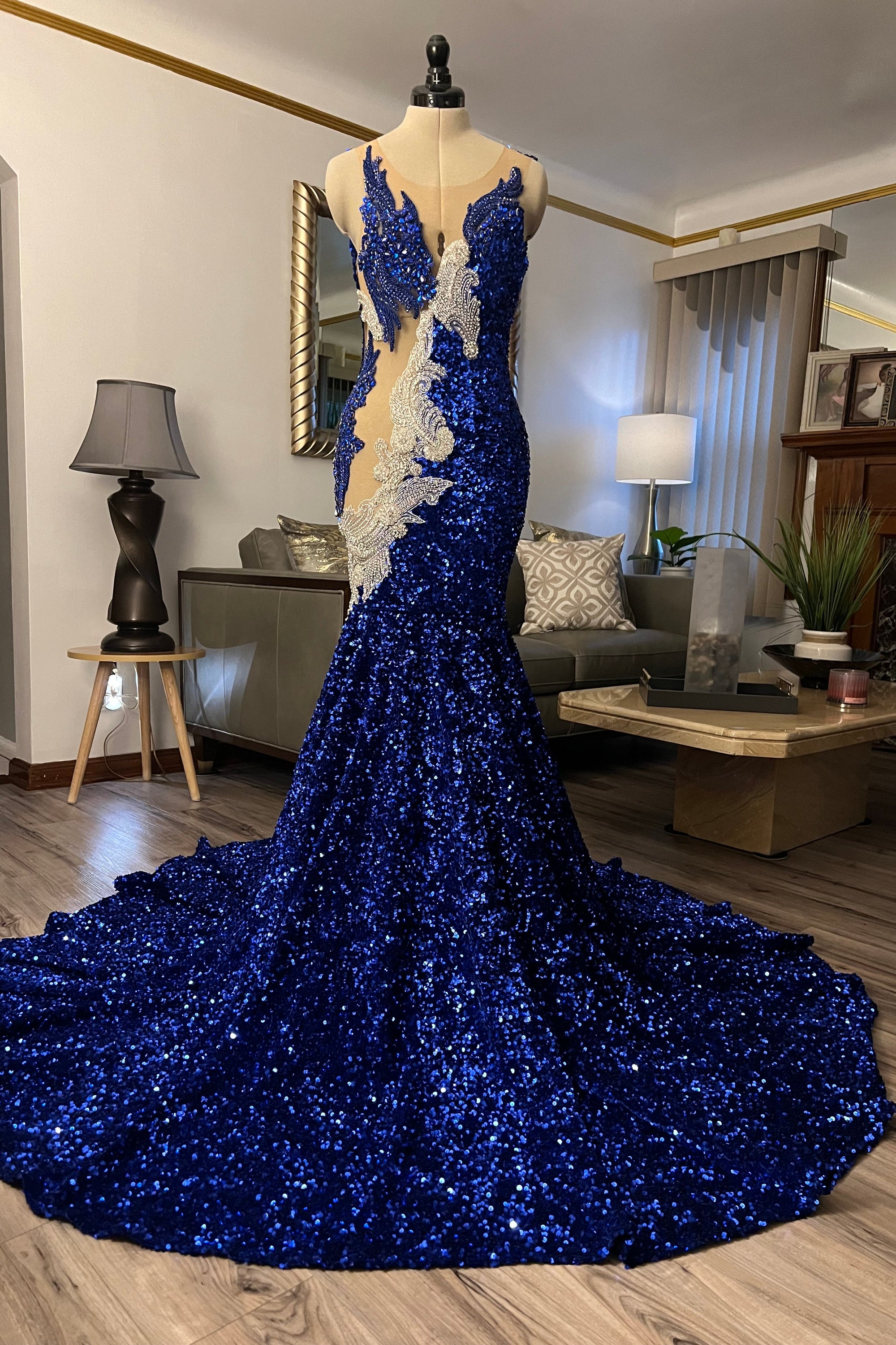 Blue Sequins Sparkle Sleeveless Mermaid Floor-Length Prom Dress