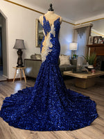 Blue Sequins Sparkle Sleeveless Mermaid Floor-Length Prom Dress