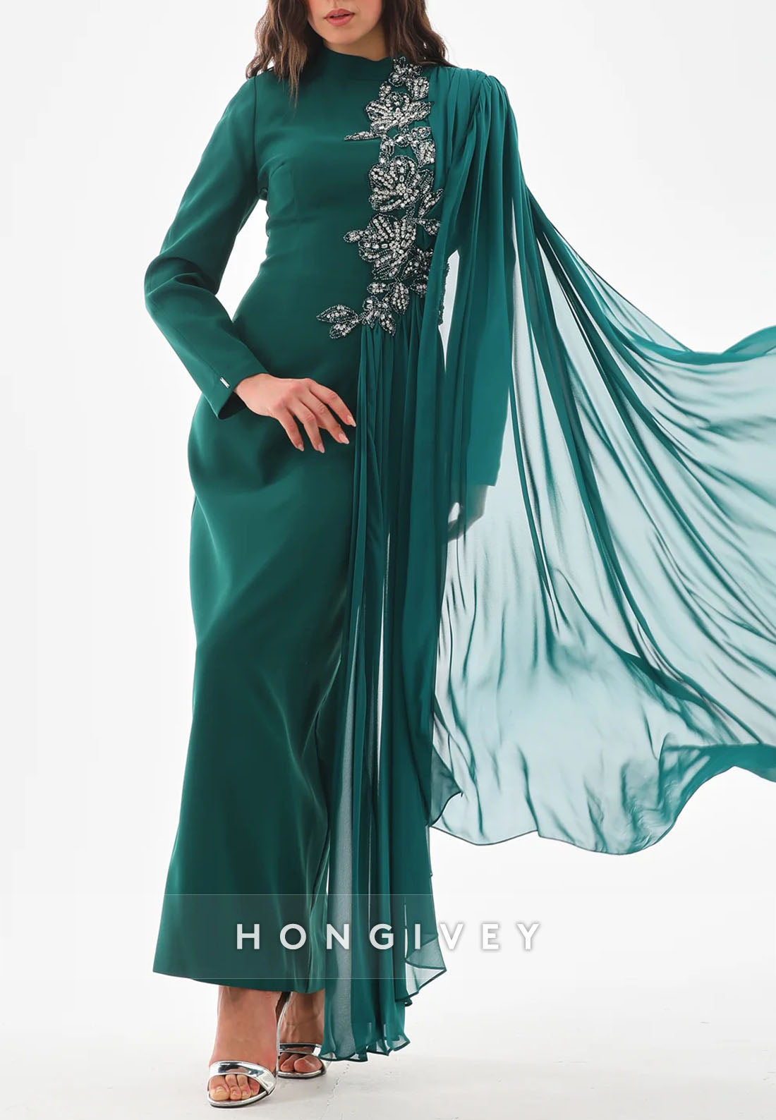 Teal Side Draping Long Sleeves High Neck Column Ankle-Length Evening Gowns