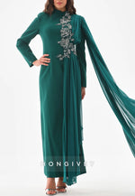 Teal Side Draping Long Sleeves High Neck Column Ankle-Length Evening Gowns