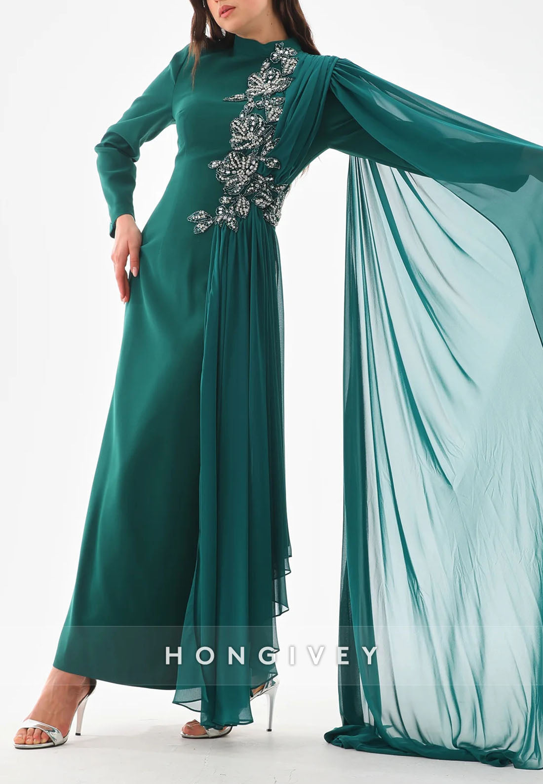 Teal Side Draping Long Sleeves High Neck Column Ankle-Length Evening Gowns