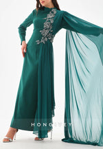 Teal Side Draping Long Sleeves High Neck Column Ankle-Length Evening Gowns