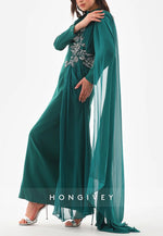 Teal Side Draping Long Sleeves High Neck Column Ankle-Length Evening Gowns