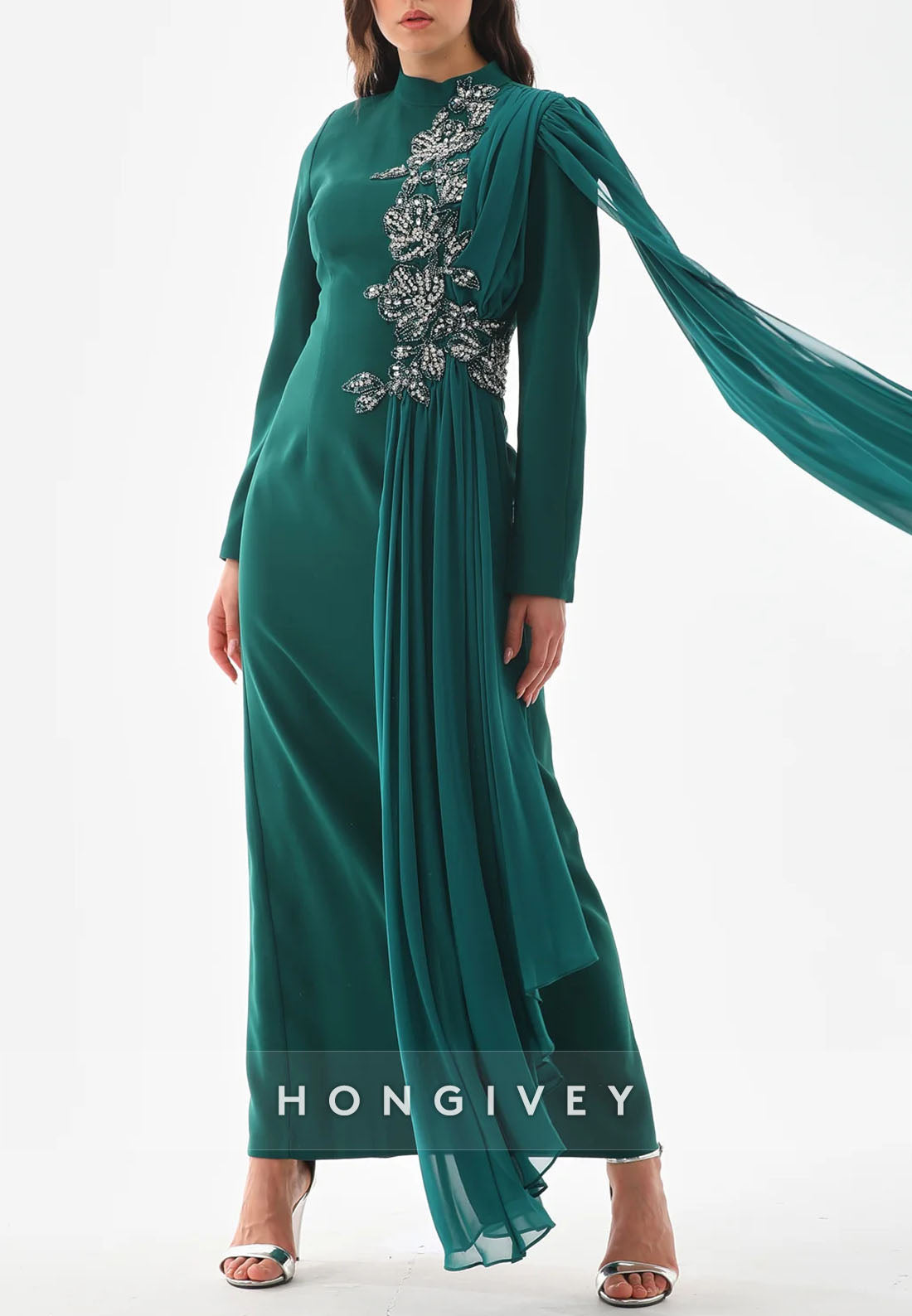 Teal Side Draping Long Sleeves High Neck Column Ankle-Length Evening Gowns