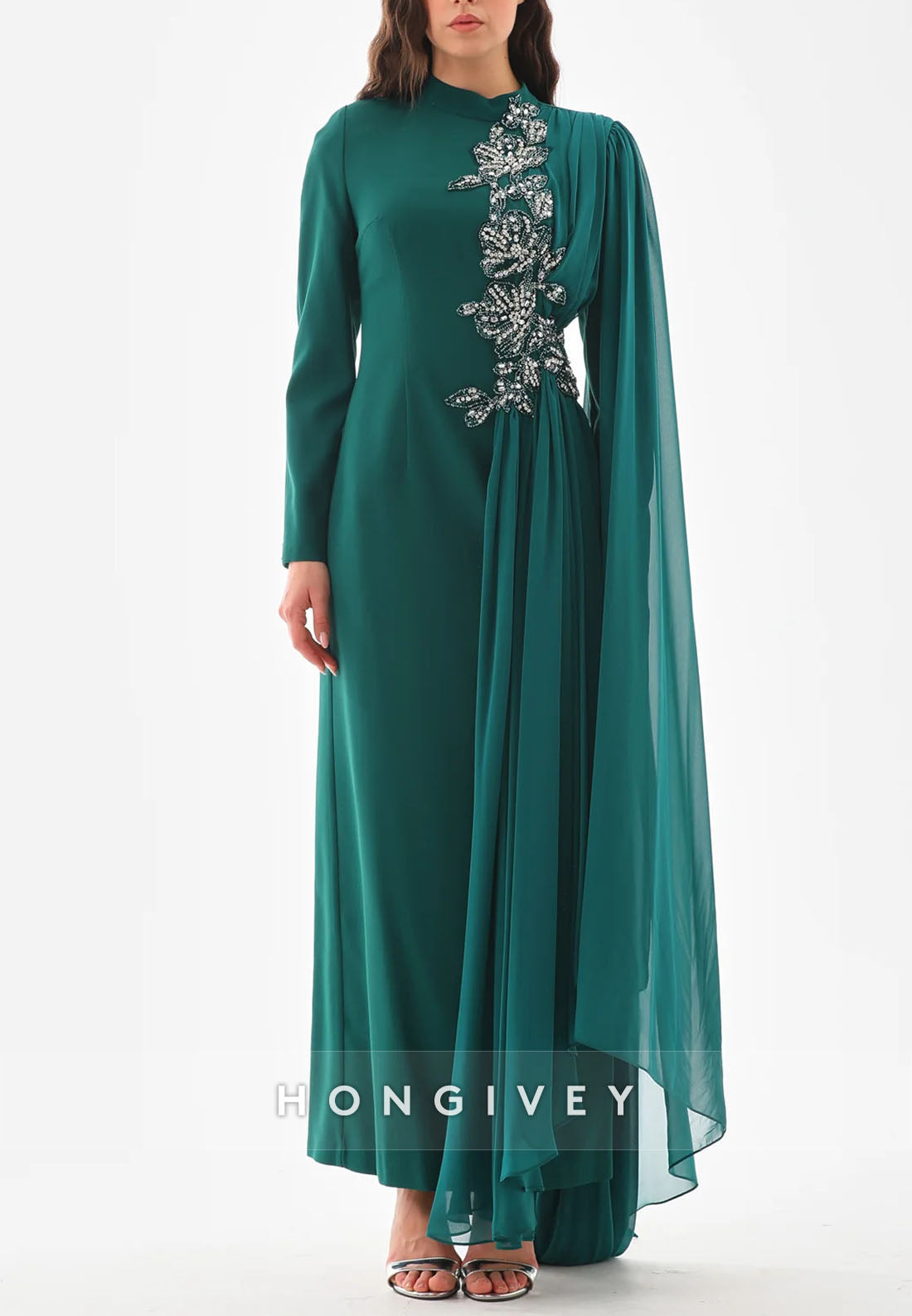 Teal Side Draping Long Sleeves High Neck Column Ankle-Length Evening Gowns