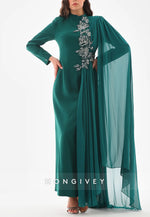 Teal Side Draping Long Sleeves High Neck Column Ankle-Length Evening Gowns