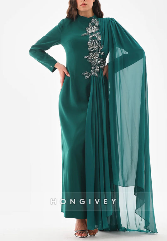 Teal Side Draping Long Sleeves High Neck Column Ankle-Length Evening Gowns