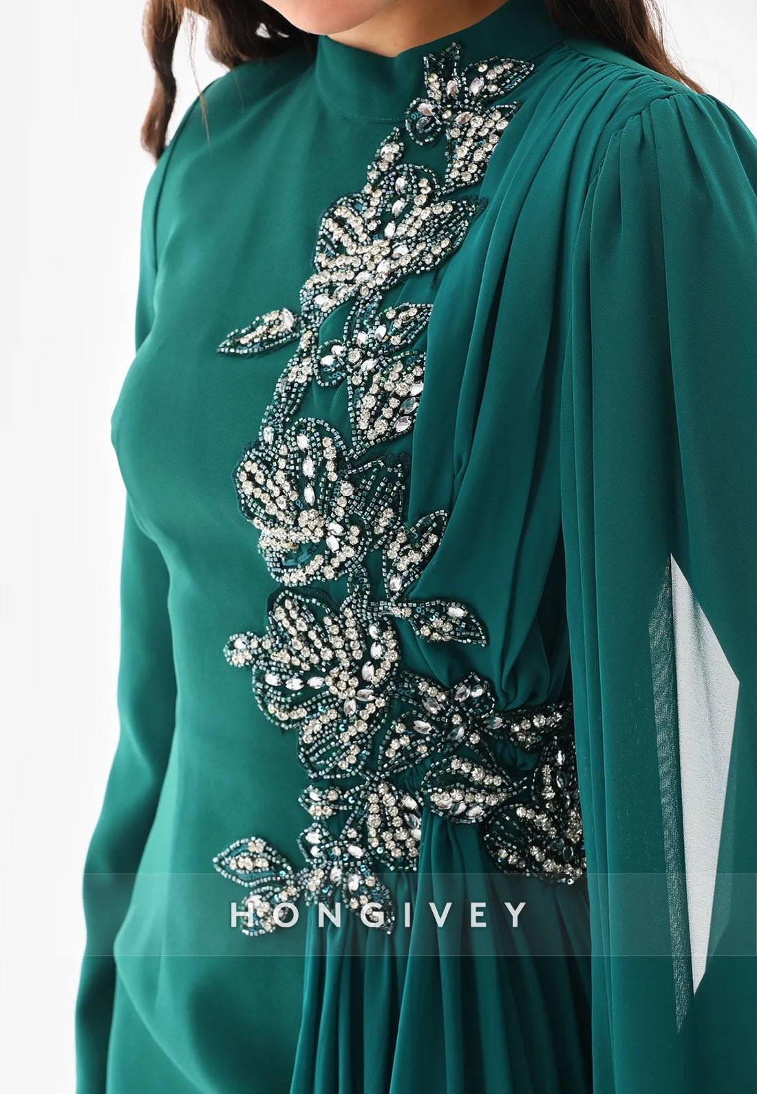 Teal Side Draping Long Sleeves High Neck Column Ankle-Length Evening Gowns