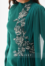 Teal Side Draping Long Sleeves High Neck Column Ankle-Length Evening Gowns