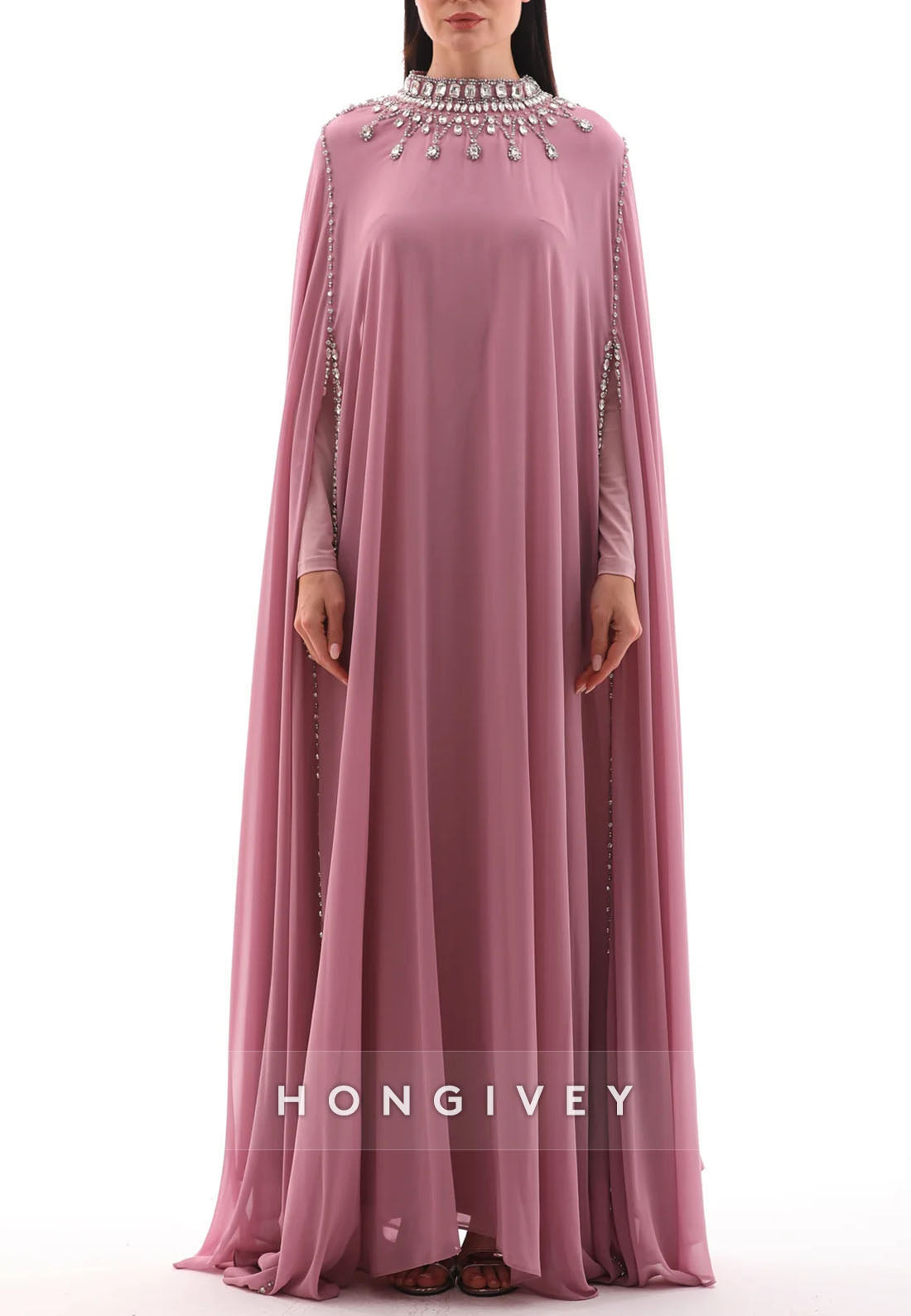 Elegant Long Sleeves High Neck Floor-Length Evening Gowns with Cape