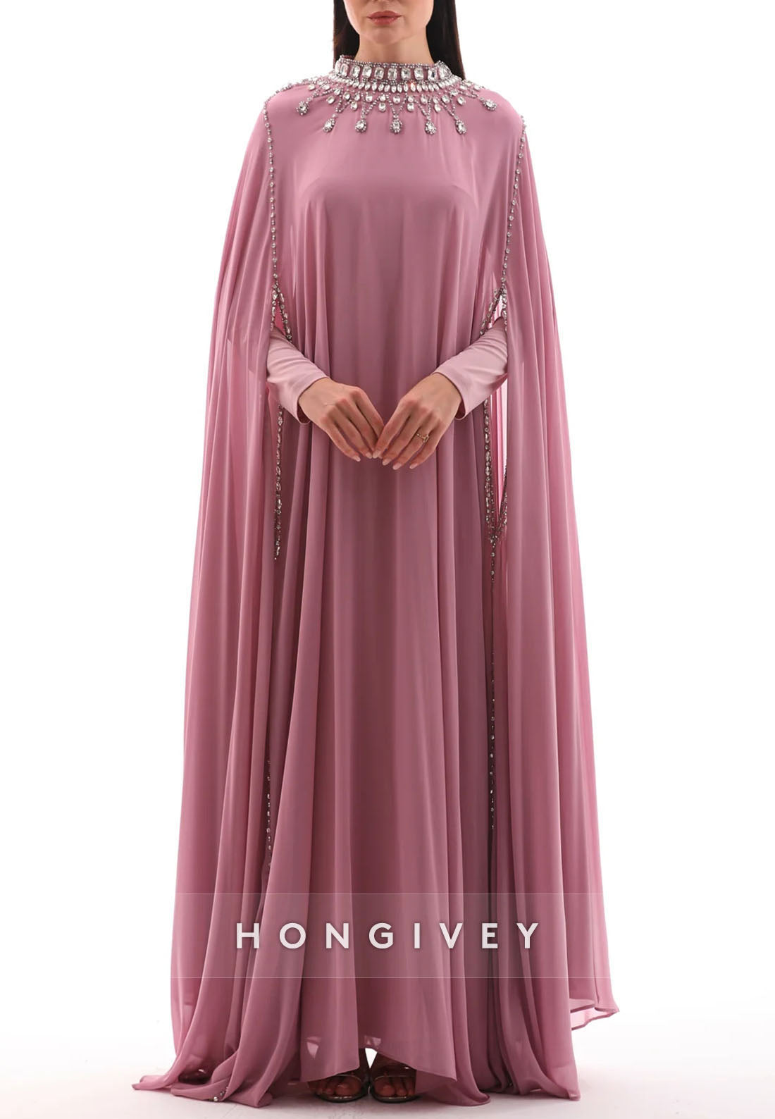 Elegant Long Sleeves High Neck Floor-Length Evening Gowns with Cape