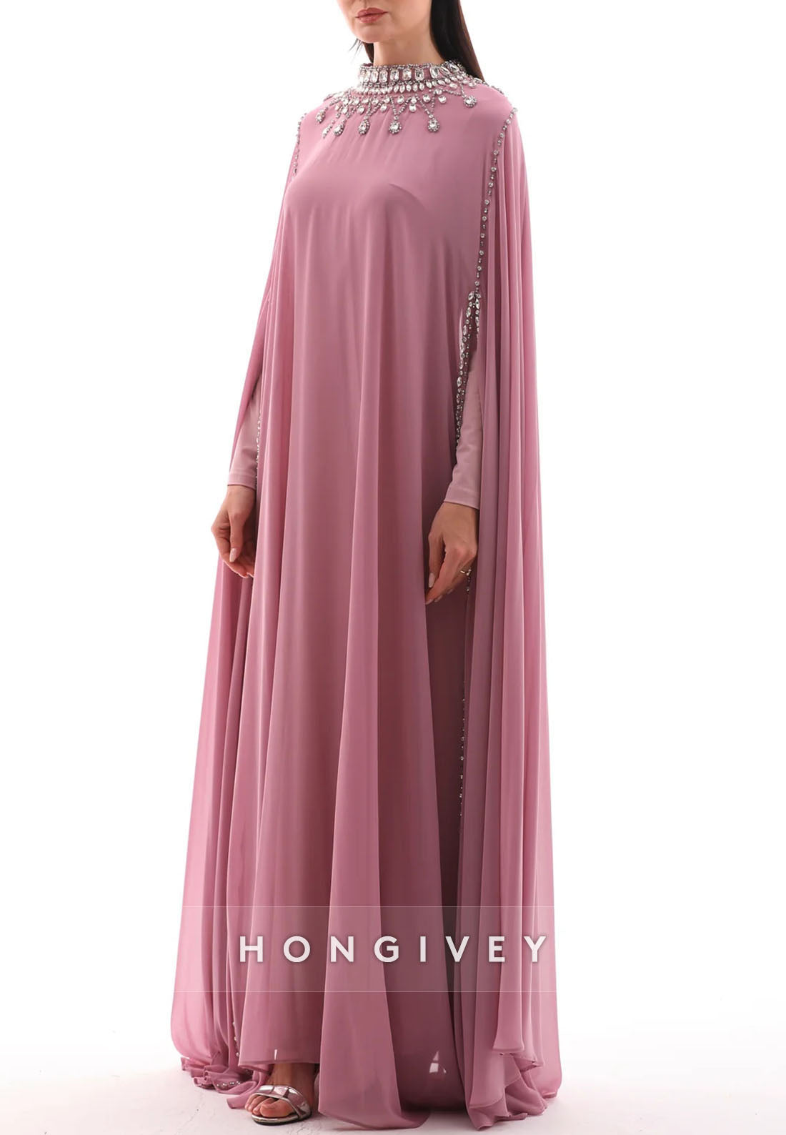 Elegant Long Sleeves High Neck Floor-Length Evening Gowns with Cape