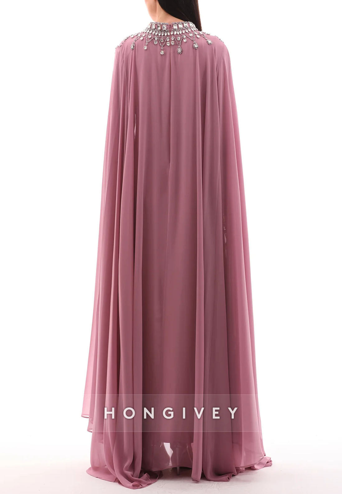 Elegant Long Sleeves High Neck Floor-Length Evening Gowns with Cape
