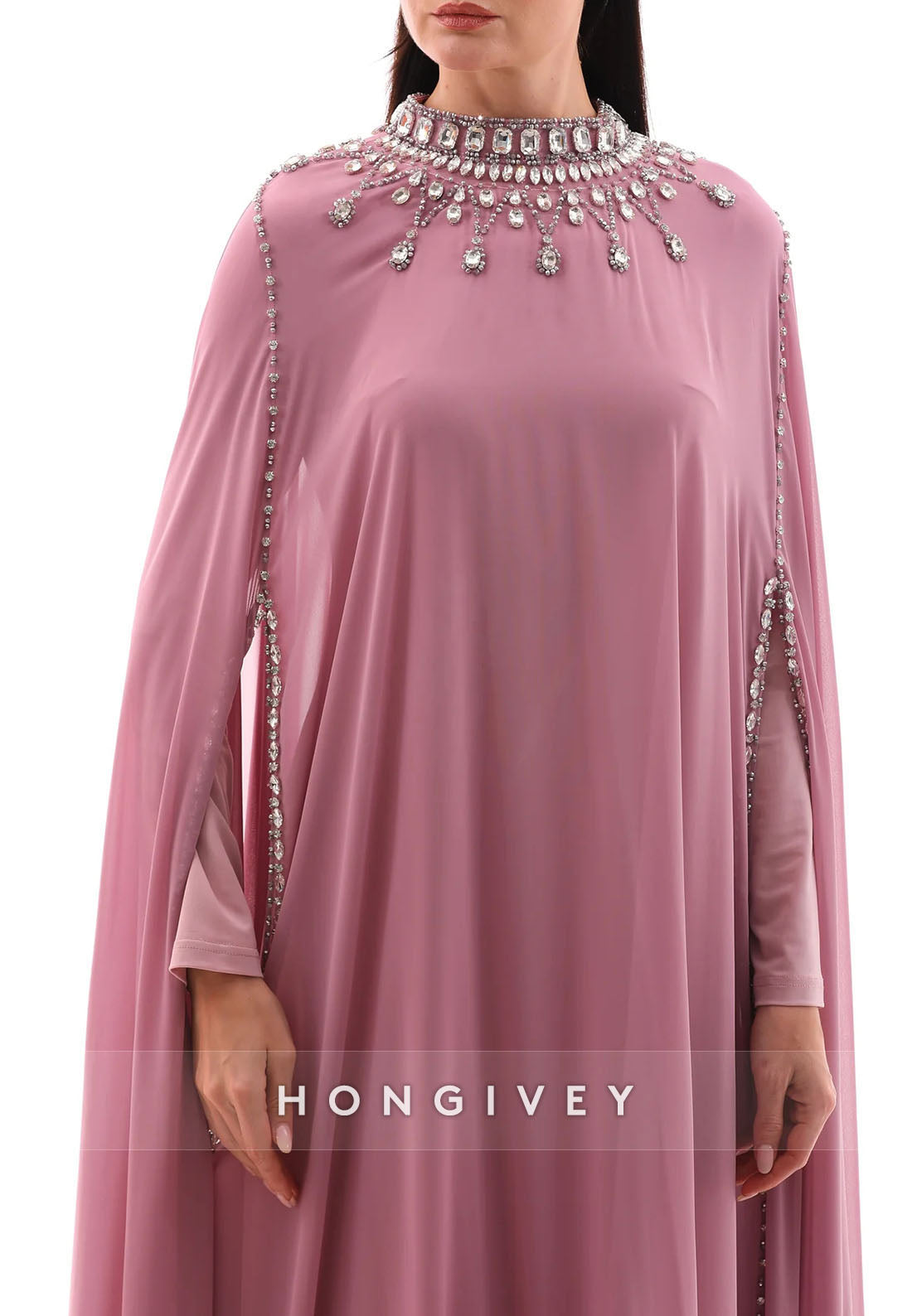 Elegant Long Sleeves High Neck Floor-Length Evening Gowns with Cape