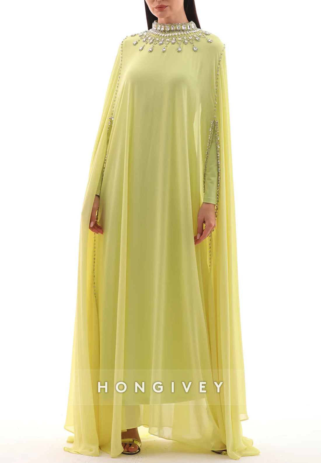 Elegant Long Sleeves High Neck Floor-Length Evening Gowns with Cape